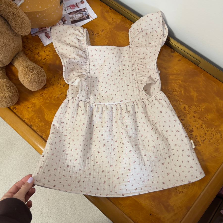 Abito in Mussolina di Cotone con Microfiori Pink Flowers e Ruches sulle Spalle