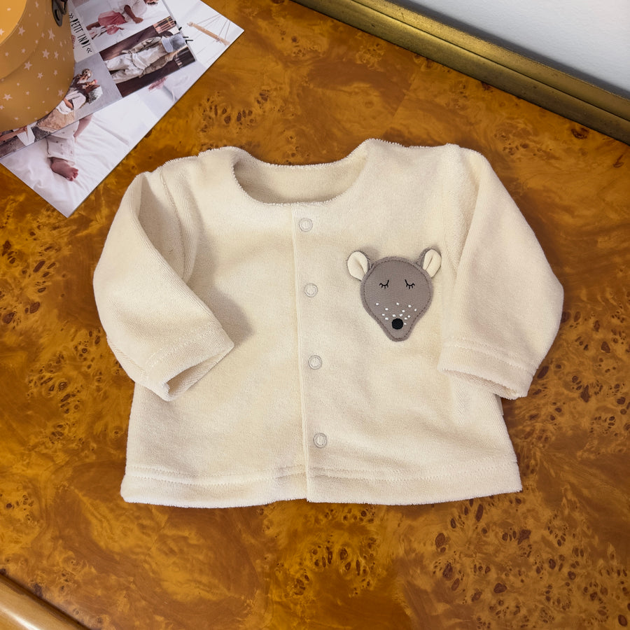 Cardigan avorio in spugna di cotone organico certificato con topolino – Versatile, morbido e 4 stagioni