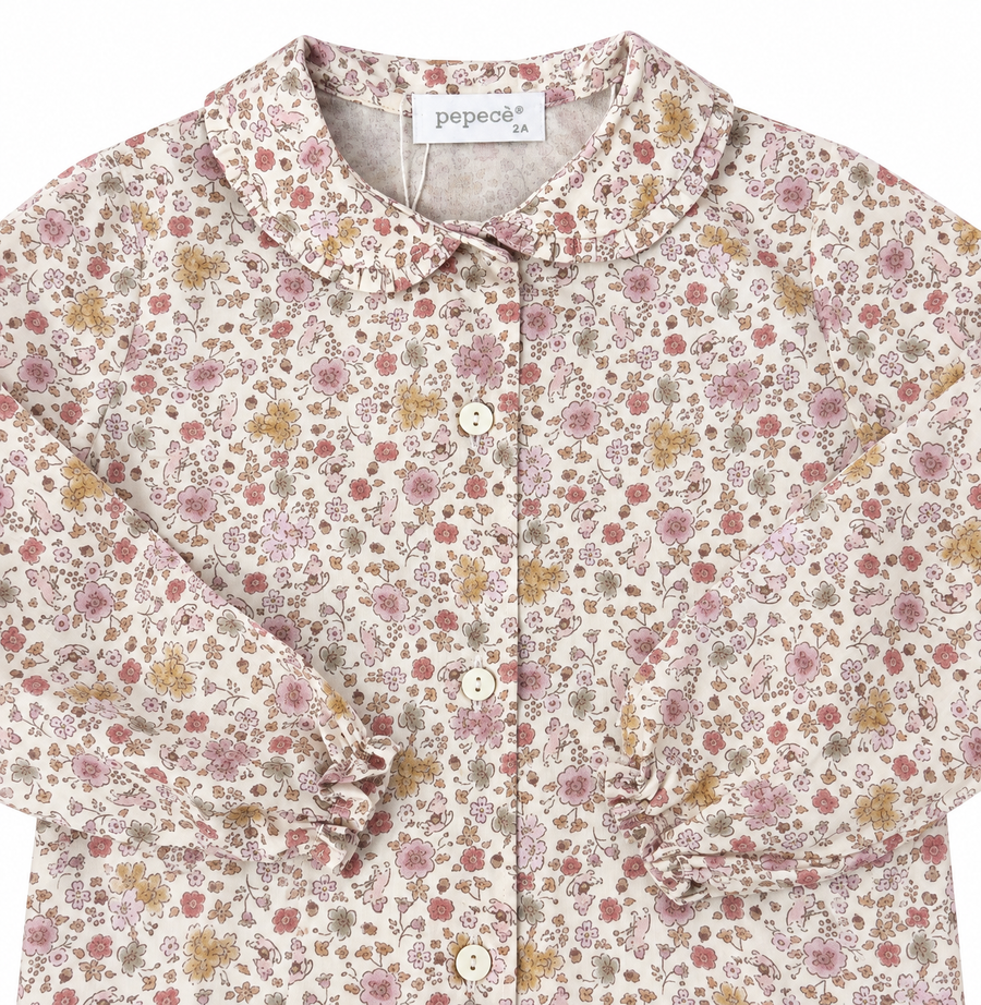 Camicia in Cotone a Fiori con Colletto a Balza -Fiori su Fondo Panna