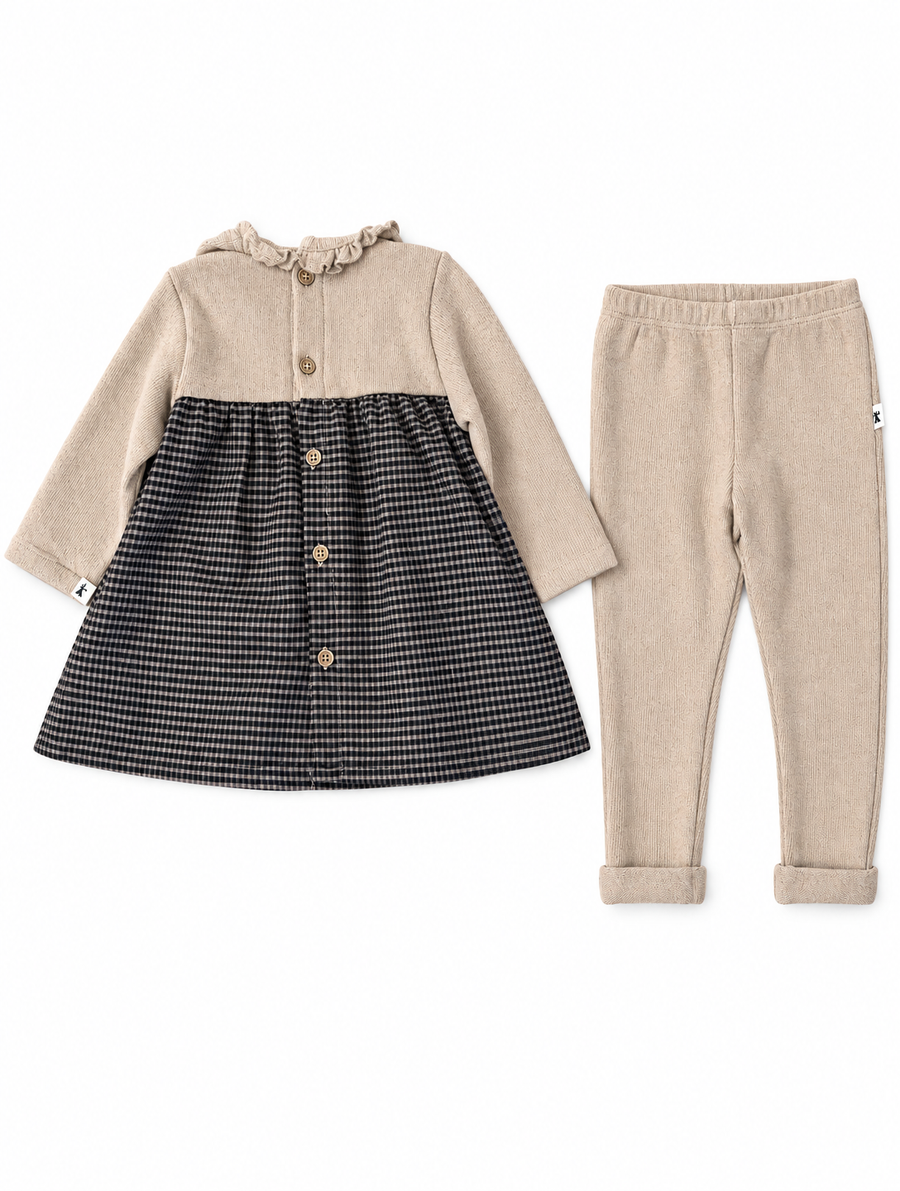 Completo abitino vichy e leggings in caldo cotone avena