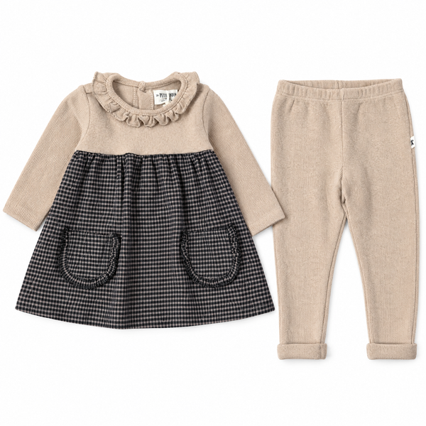Completo abitino vichy e leggings in caldo cotone avena