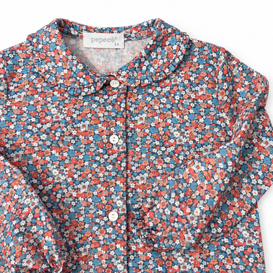 Camicia in Cotone a Fiori con Colletto a Balza -Azzurro e Terracotta