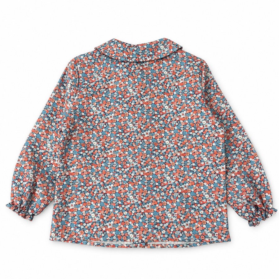 Camicia in Cotone a Fiori con Colletto a Balza -Azzurro e Terracotta