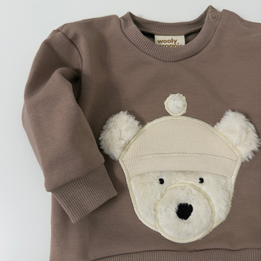 Felpa baby in cotone organico con orsetto 3D- taupe