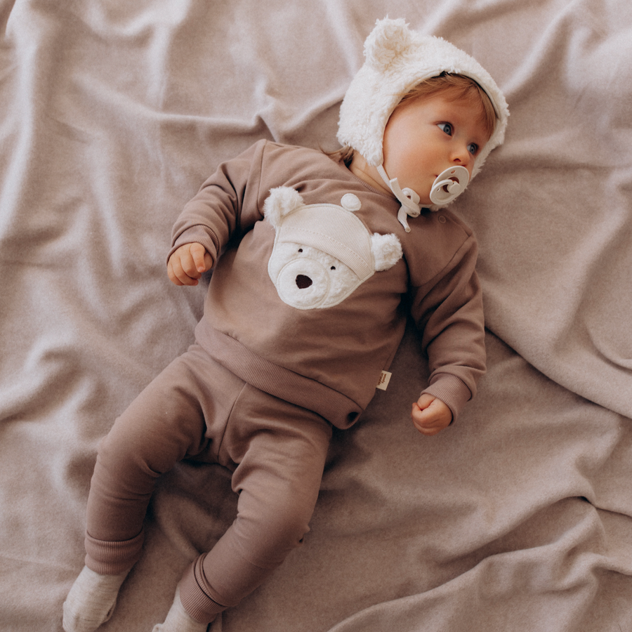 Felpa baby in cotone organico con orsetto 3D- taupe