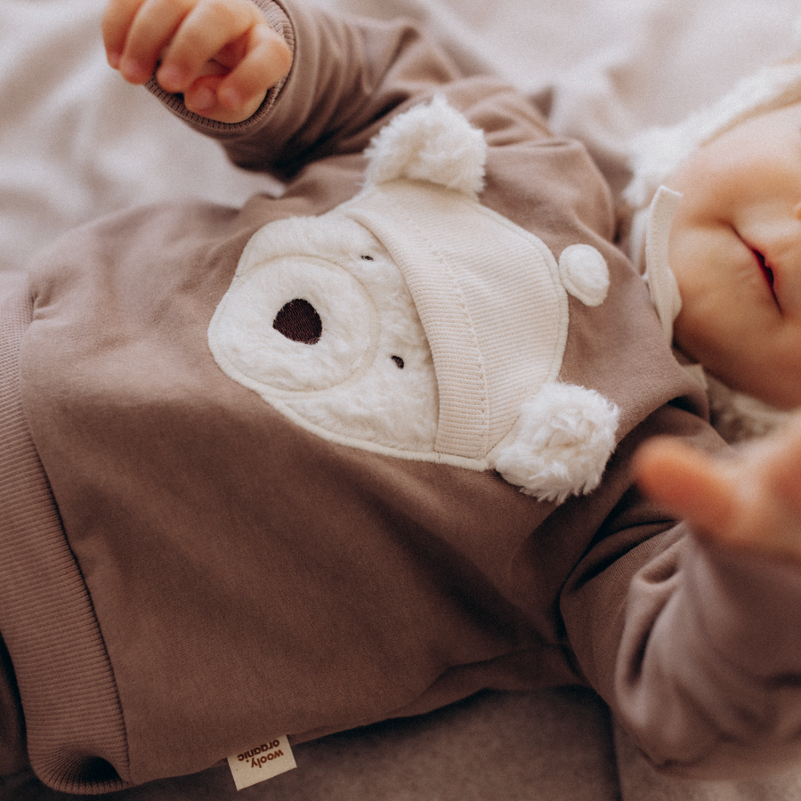 Felpa baby in cotone organico con orsetto 3D- taupe