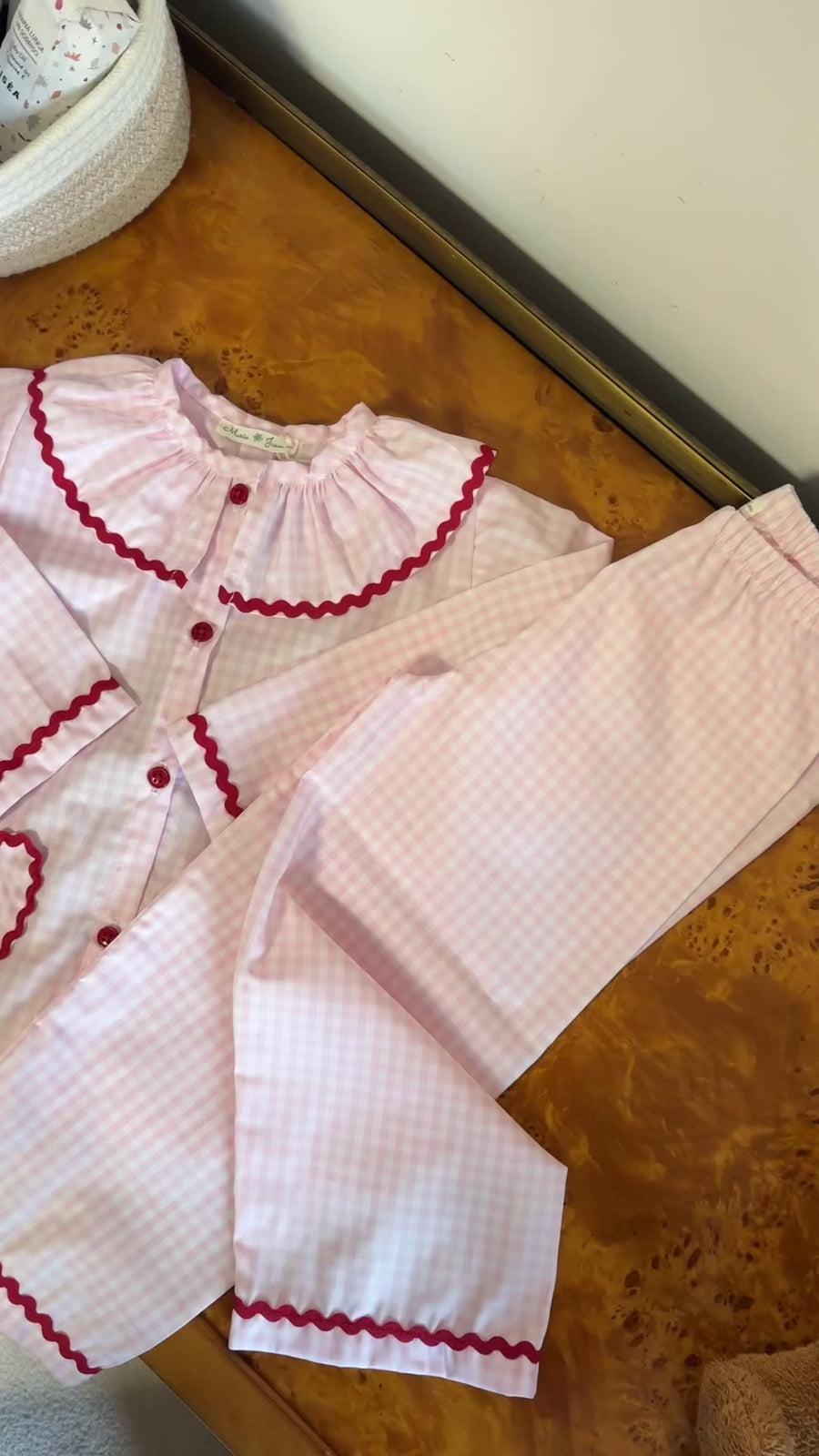 Set stile pigiama in vichy rosa- ricamo cuore sulla tasca